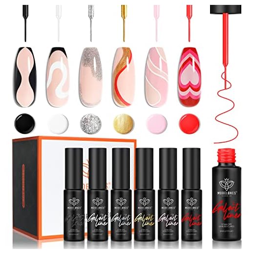 modelones Gel Polish Nail Art Gel Liner Set-8ml, 6 Colors White Black Pink Red Gold Silver Glitter Gel Nail Polish for French Tip Swirl Painting Soak Off Built in Thin Brush Summer Nail Designs Gift