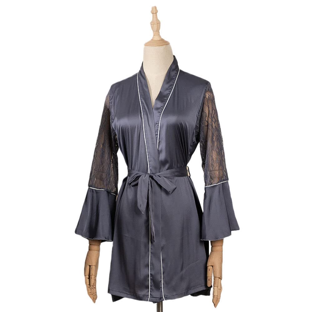 OZEO Pigiama Donna,Accappatoio Kimono Sexy in Raso Grigio Pizzo Vintage Manica Lunga Cava Vestaglia Leggera Scollo A V Abito con Lacci Elegante Vestaglia Sposa Bademantel Damen,M