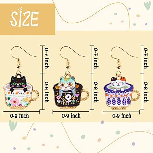 BeYumi 3Pairs Dangling Cat Earrings Kawaii Aesthetic Funny Cartoon Kitten Floral Teacup Alloy Drop Dangle Earrings With Hypoallergenic French Hook Animals Lover Gifts Party Favors for Kids Girls Women2