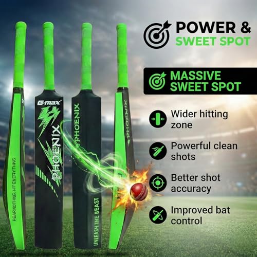 Image of G-Max Phoenix Cricket Bat Full Size HDPE Plastic Lightweight Design Black & Green Massive Sweet Spot Ideal for Tennis Ball & Soft Ball Practice