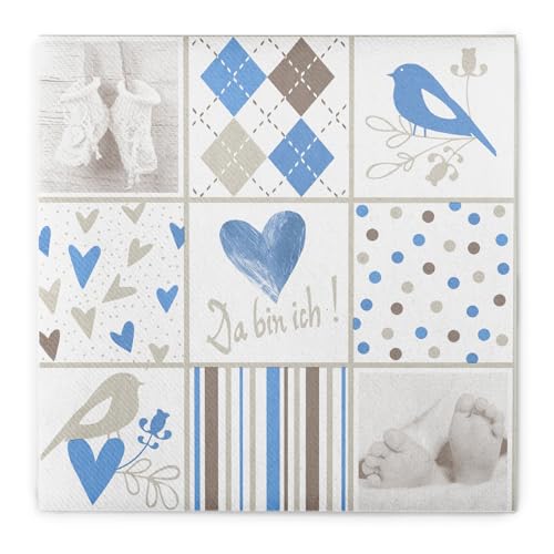 Sovie HORECA Serviette BABY in Blau aus Linclass® Airlaid, 40 x 40 cm, 50 Stück, Design: „Da bin ich“ mit Babyfüßen, Herzen, Punkten und Streifen im Patchwork-Stil - Ideal für Baby-Shower & Taufe