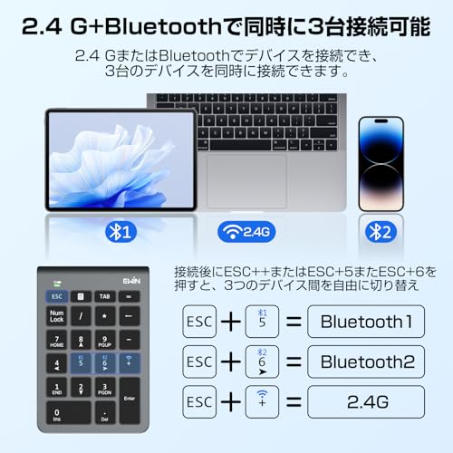 Ewin Ewin テンキー numlock非連動 Bluetooth/2.4G接続 3台デバイス接続 B038 の商品画像 2