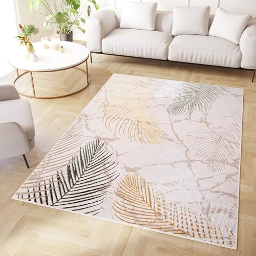 TAPISO Crystal Tapis Poils Courts Moderne Or Vert Crème Blanc Feuilles de Palmier Effet 3D...