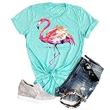 IHAOIZ Women's Short Sleeve Round Neck Loose Cute Animal Flamingo Print Tee T-Shirt Top(Green-M)