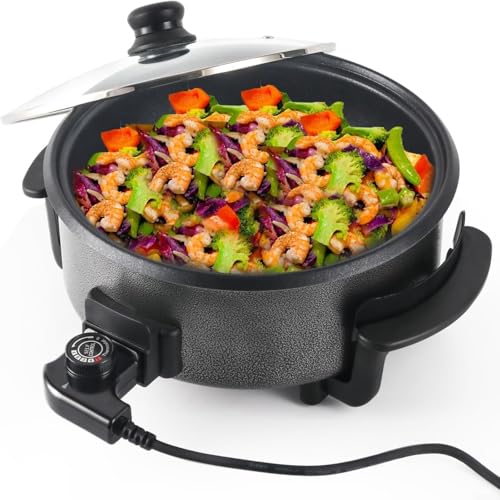 CWOQOCW Sartén eléctrica de 42 cm con tapa, olla antiadherente de 1500 W para fiestas, control de temperatura de 5 niveles, color negro (4 cm de profundidad)
