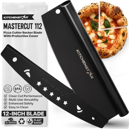 Image of KitchenStar Pizza Cutter Rocker 12 inch Black | Sharp Stainless Steel Blade - Rocker Style with Blade Cover - Nonstick Compact Pizza Cutter - Premium Pizza Oven Tools and Accessories
