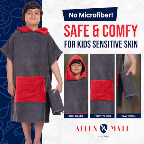 Image of ALLEN & MATE 100% Cotton Kids Hooded Surf Poncho Changing Robe, Quick Absorbent Wearable Swim Towel Boys & Girls, 6-13 Years