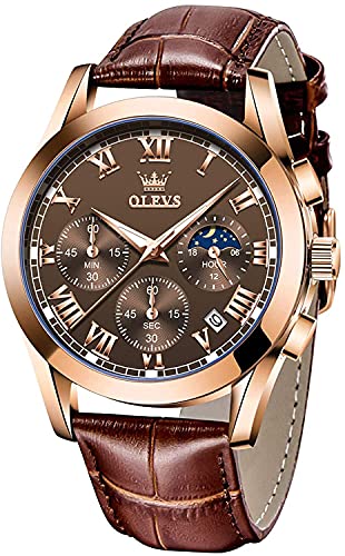 OLEVS Mens Watches Quartz Moon Phase Watch with Chronograph Waterproof Luminous with Fashion Brown Leather Strap M2871