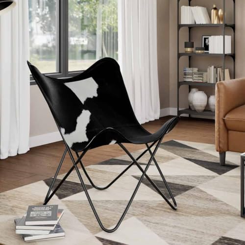HOMEELIKE Butterfly-Sessel Schwarz und Weiss Echtes Kuhfell