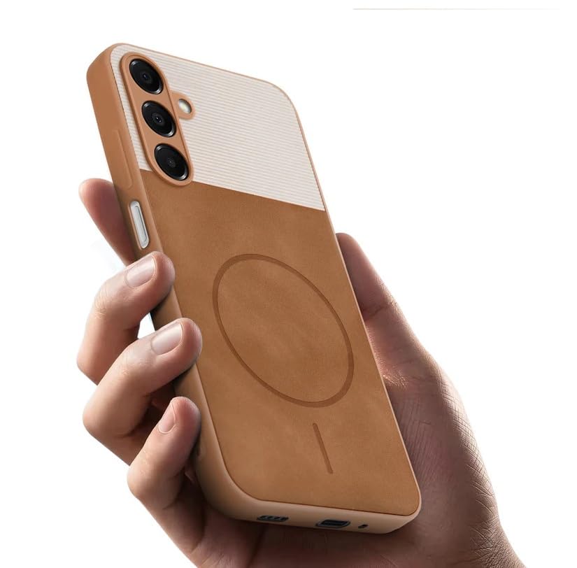 Image of Bintage CASE Mac Safe Design Hard Light Weight Back Case | Soft Border Camera Protect | Dual PU Leather Finish Back Cover Compatible for Samsung Galaxy A16 5G - White & Brown