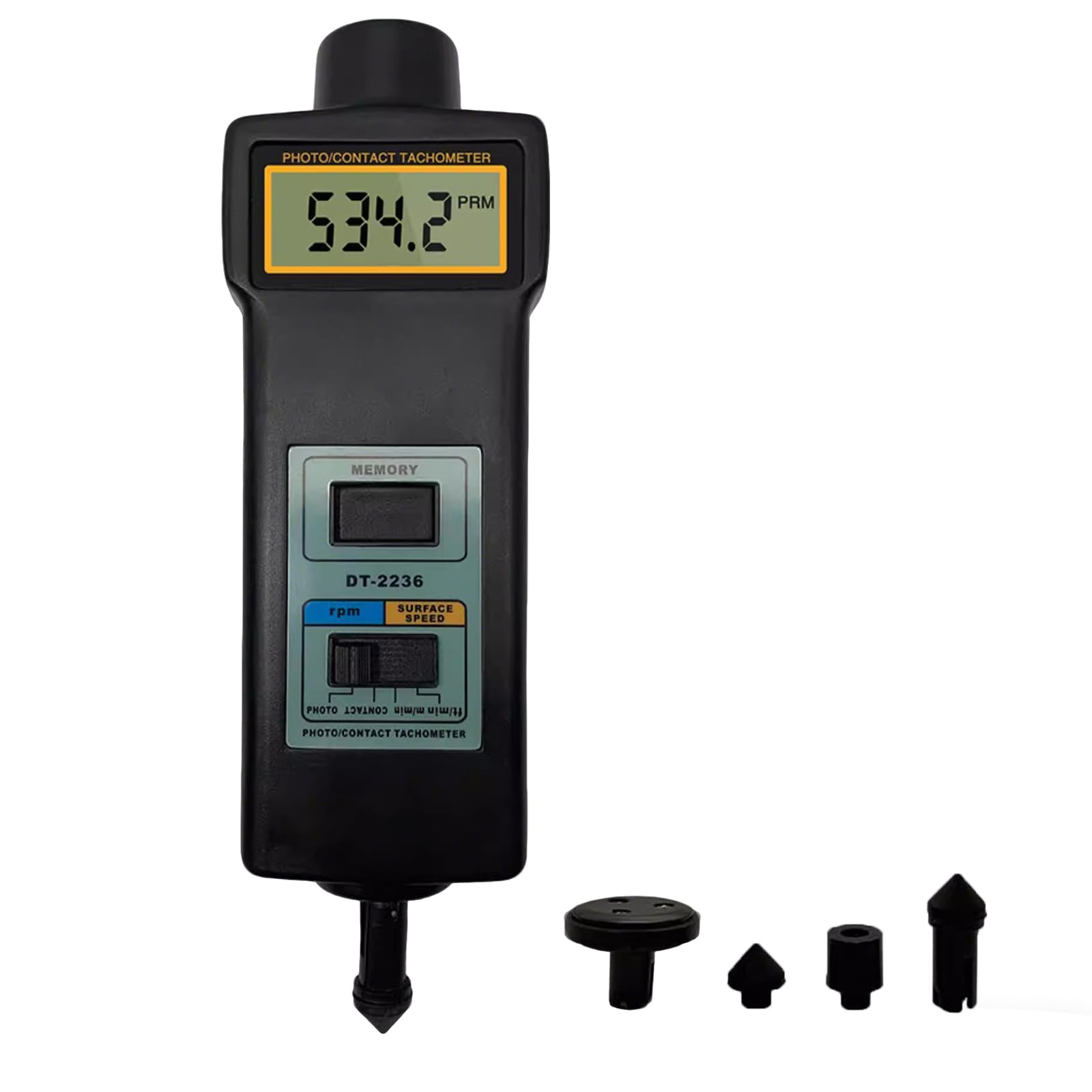 Tacómetro Digital portátil: comprobador de RPM por Contacto y Foto (2,5-99, 999 RPM), medición de Velocidad Lineal con 4 sondas y Pantalla LCD para Motores y Ventiladores.