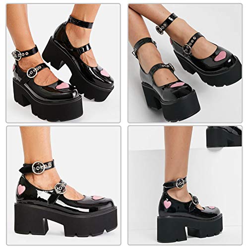 Erocalli Platform Mary Jane Shoes for Women Chunky High Heel Pumps Cute Heart Ankle Strap Lolita Shoes Party Dress Shoes Black3
