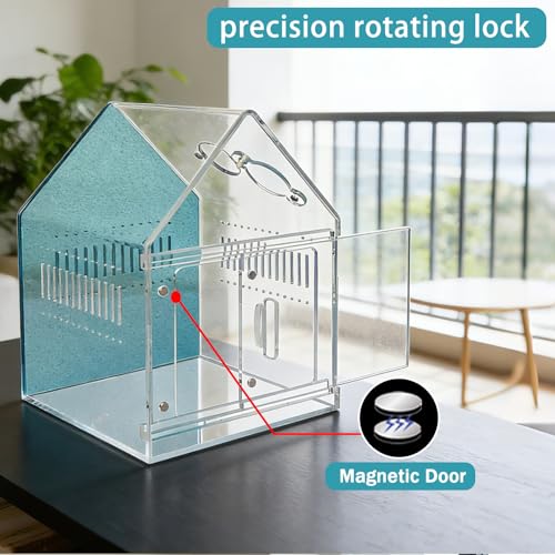 Image of Magnetic Acrylic Spider Enclosure 5.3x5.3x7.3 Inch, House Shape Terrarium with Blue or Purple Background for Jumping Spiders, Tarantula Slings & Mantis, Escape-Proof Habitat (Blue)