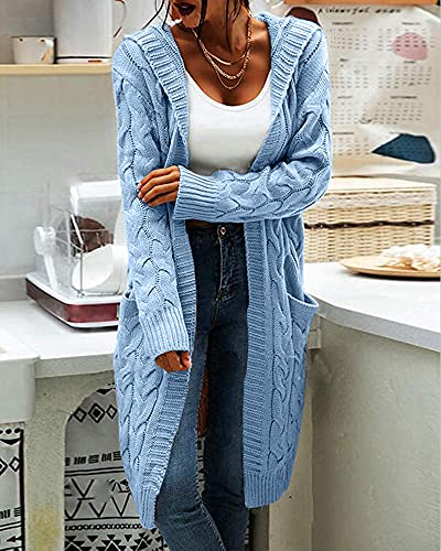 Image of Women Hooded Open Front Cardigan Cable Knit Chunky Long Sweater Coats | solid color, cable knit ,long duster cardigan,chunky coatigan,winter ,falll ,side pockets