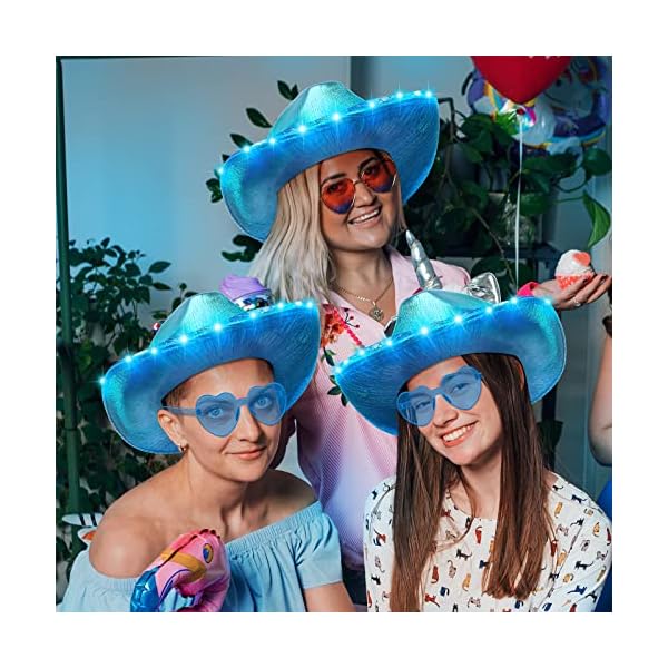 Zhanmai 8 pieces cowboy hat led light up hat and heart sunglasses sparkly space cowgirl hat for women girls halloween costume - image 4