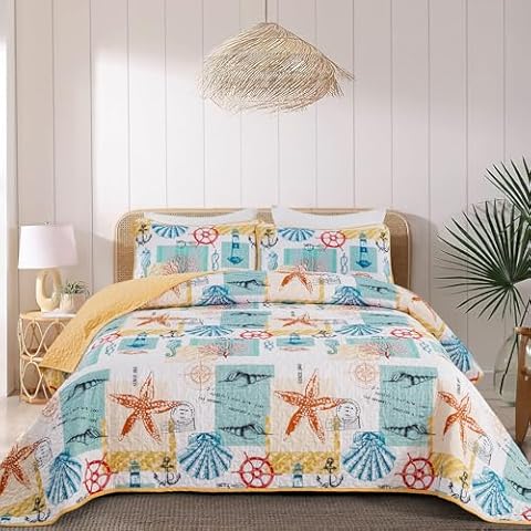 DJY Coral and Blue Ocean Quilt Set Queen Coastal Beach Theme Quilt Coverlet Set Soft Microfiber Reversible Bedspread with 2 Pillow Shams 3 Pieces Coastal Bedding Quilt for All Season 96"x90" Cover