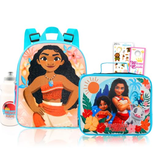 Moana Mini mochila com conjunto de lancheira – Pacote com bolsa escolar pequena Disney de 28 cm, lancheira, adesivos, garrafa de água, mais | Mochila Moana pequena para meninas de 4 a 6 anos,