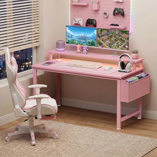 Image of Lufeiya Girls Desk with Power Outlets and LED Lights, 40 Inch Gaming Desk Table with Charging Station, Home Office Computer Desks with Monitor, Pink