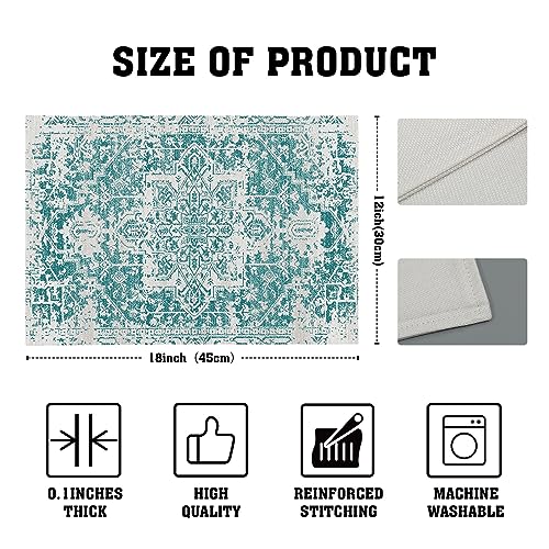 Image of Gray Teal Boho Placemats Set of 4 Ethnic Bohemian Carpet Place Mats Washable Kitchen Dining Vintage Grey Geography Floral Linen Table Mats Stain Heat-Resistant Cloth Tabel for Home Party 12x18 in