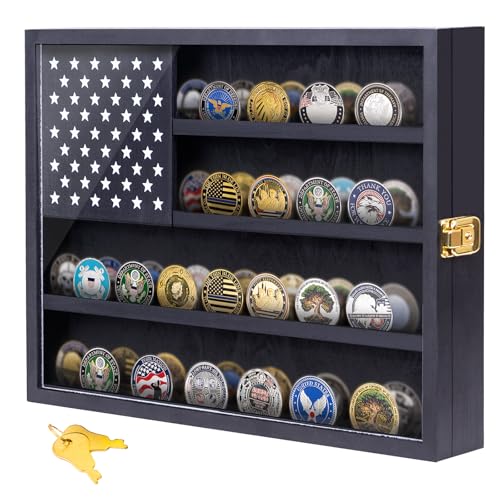 Image of Military Challenge Coin Display Case, 16 inchx12 inch Wooden American Flag Medal Shadow Box with Anti-Fade UHD Acrylic Door, Gold-Antitheft Lock, 2 Groove Shelves and Wall Mount (Black184)