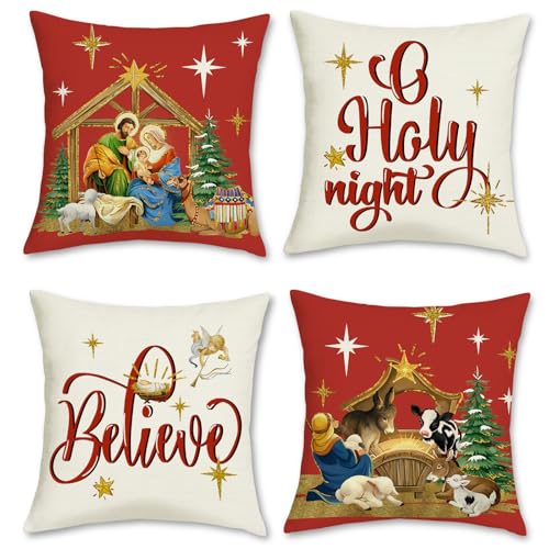 Bonhause Christmas Throw Pillow Covers 18 x 18 Inch Holy Night Jesus Xmas Trees Animals Red Decorative Pillow Cases for Couch Sofa Bed Home Winter Holiday Decor Set of 4 by Bonhause - Used condition - US$7.99