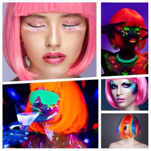 Image of LIULIUBTY Short Bob Hair Wigs Straight with Flat Bangs Synthetic Colorful Cosplay Daily Party Neon Wig for Women + Free Wig Cap 13 inch Natural As Real