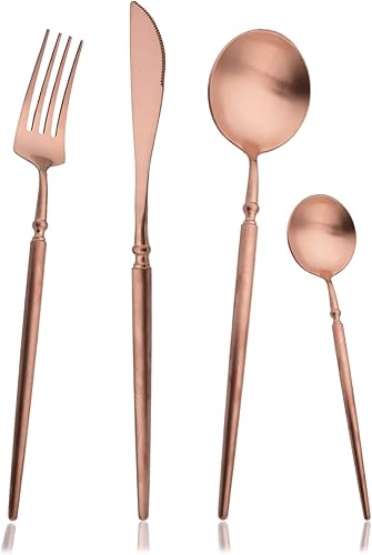 Miniatura 9 de JASHII Juego de cubiertos de 16 piezas con mango vintage acabado satinado acero inoxidable 304 utensilios de cocina cubiertos iridiscentes juego de