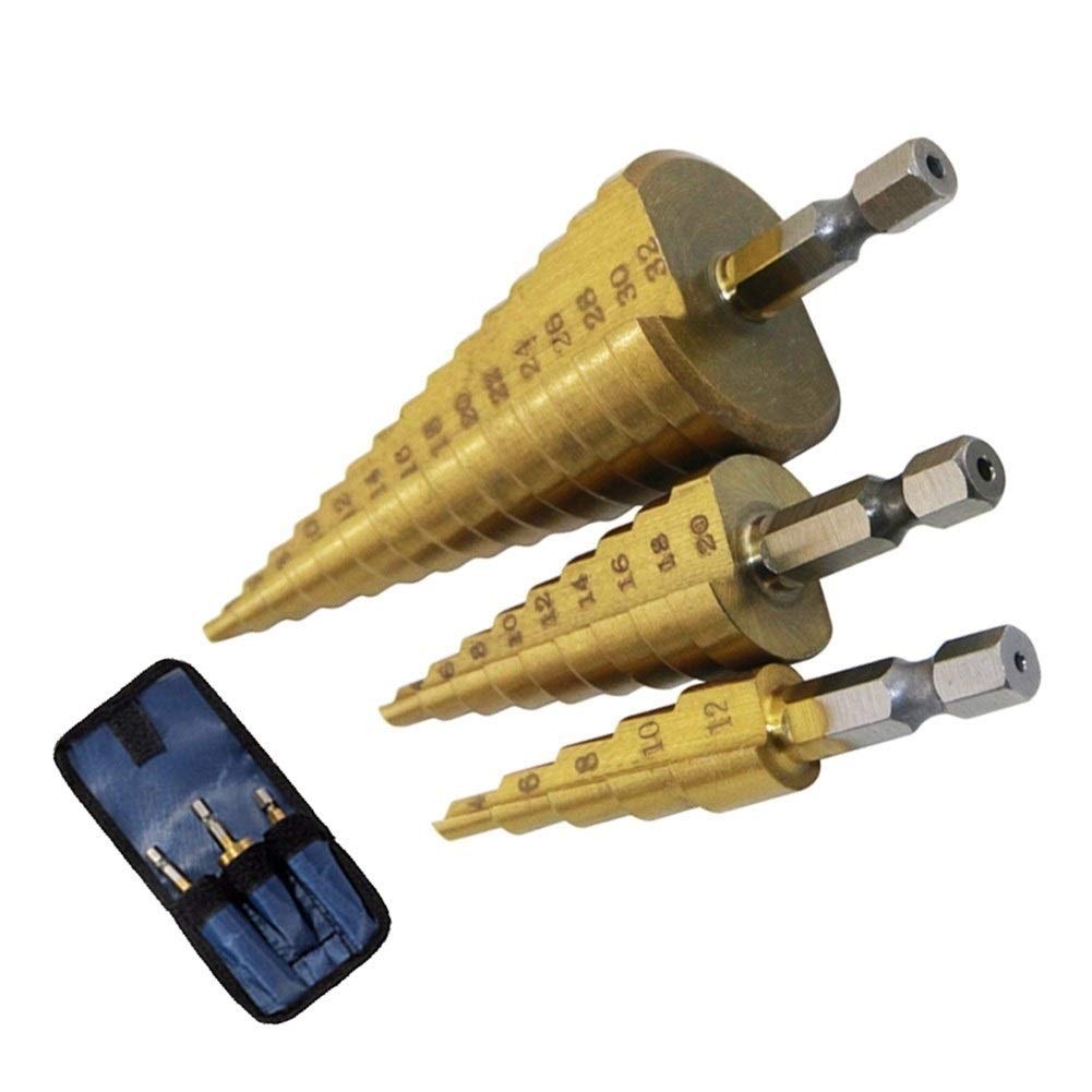 Herramientas Juego de brocas cónicas escalonadas HSS de 3 piezas Cortador de agujeros Métrico 4-12/20/32 mm Vástago hexagonal de 1/4" Broca escalonada de metal de titanio Todo nuevo Nunca us