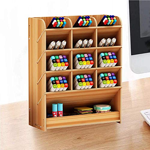 Image of Hggzeg Wooden Desk Organizer, Multicolor-Functional Diy Pen Holder Storage Box Desktop Stationary Storage Rack For Home, Office And School (B12 Cherry ), Red