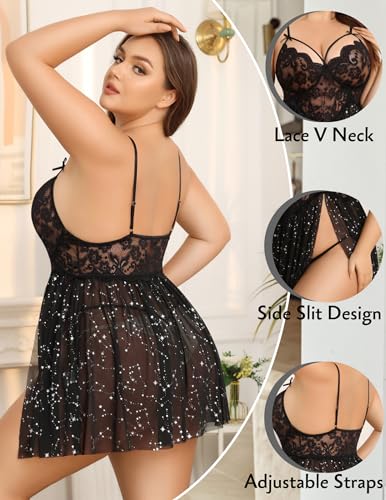 Image of Avidlove Plus Size Lingerie Lace Babydoll Womens Strap Chemise Nightgown V Neck Nighty Mesh Sleepwear Side Slit Nightdress