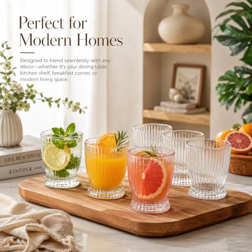 Image of bellemax 300ML Juice and Water Glass Stylish Crystal Highball Drinking Glasses, Medium Size Tumbler Glasses for Juice, Water, Milk, lassi, Cocktails and Sharbat (Set of 6)