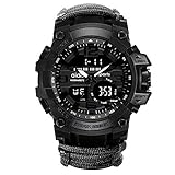 ZJJ Multifunktionales Survival Armbanduhr Wasserdicht Outdoor LifeSing-Gang mit Kompass Magnesiumstangenseilpfeife zum Wandern Camping,Schwarz