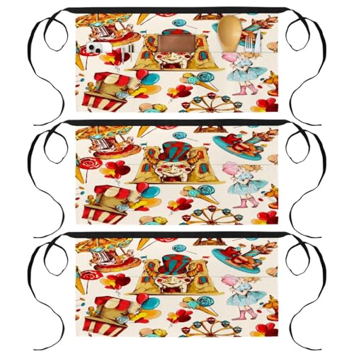 Demi-tablier rétro multicolore 60x30.5cm lot de 3 avec triple poche centrale