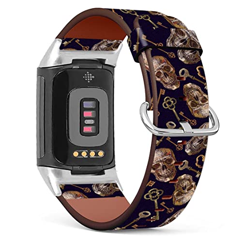 MINGDAO Compatible with Fitbit Charge 5 , Patterned Leather Replacement Band , (Skulls And Golden Keys)
