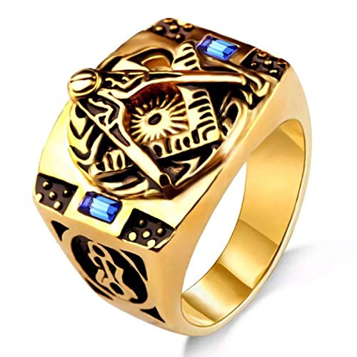 Yellow Chimes Antique AG Masonic Logo Religious Freemason Symbol with Blue Stone Stainless Steel Ring for Men & Boys
