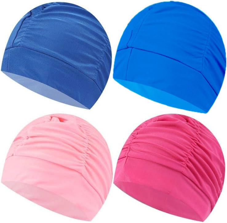 Ewanda store 4 Pcs Solid Color Swim Caps for Women Men,Pleated Nylon Cloth Swim Cap Large Swimming Cap Bathing Caps for Adult Men Women Long Hair