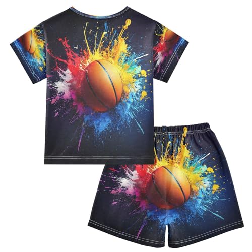 ALAZA Basketball Colorful Watercolor Pajamas Set Short Sleeve Cotton Sleepwear Summer Pjs 2 Piece 5-14Y2