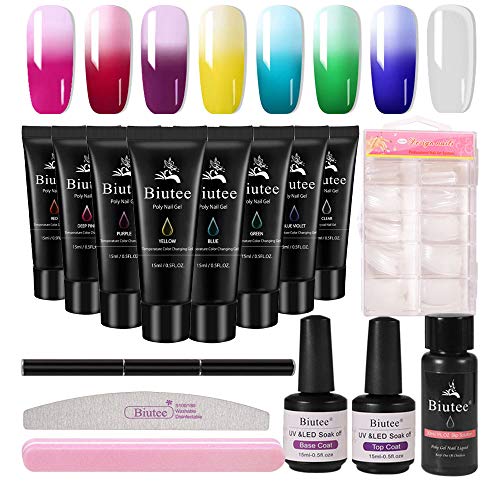 Biutee Poly Nail Gel Kit 15ml 8 Colors Temperature Color Changing Gel 15ml 8 Colors With Top Coat Base Coat Dual forms 2 Nail Files Nail Brush slip solution Nail Extension Gel Builder Gel Set