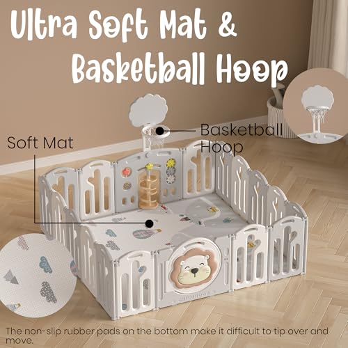 Image of 46 Sq Ft Extra Large Baby Playpen | Lion-Themed 20-Panel Play Yard with Soft Mat & Basketball Hoop | Indoor /Outdoor Toddler Fence | Grey-White | ISO & CE Certified
