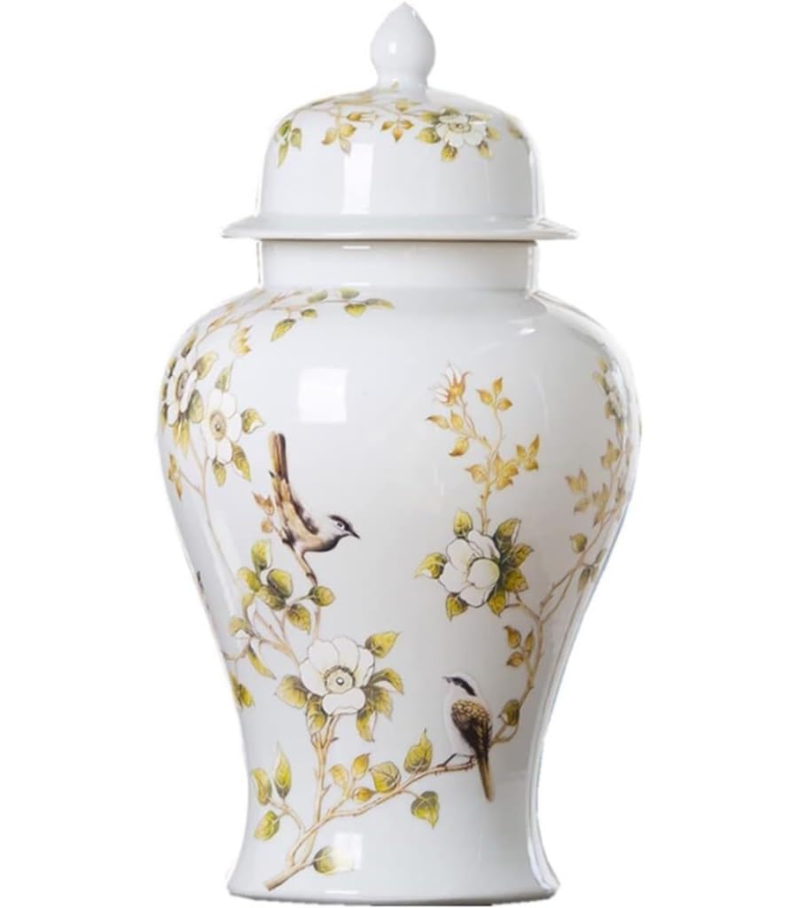Ceramiczny dekoracyjny słoik z pokrywką, słoik imbirowy do dekoracji wnętrz, wzór białych kwiatów i ptaków, słoik do przechowywania i ekspozycji