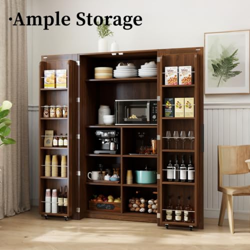 Image of 22 in Deep Kitchen Pantry Storage Cabinet with Door Shelving Walnut | 180 Doors with Bottom Rollers, Adjustable Shelves