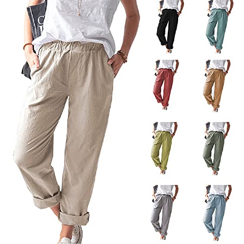 Women's Straight Pants Elastic Waist Casual Trousers Pants with Pockets2