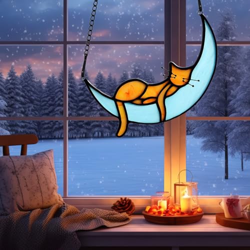 Cat Memorial Suncatcher for Windows Stained Glass, Black Cat Halloween Decor Suncatcher, Butterfly Suncatcher Funny Cat Themed Gift for Cat Lovers, Cat Memorial Gifts for Loss Cat