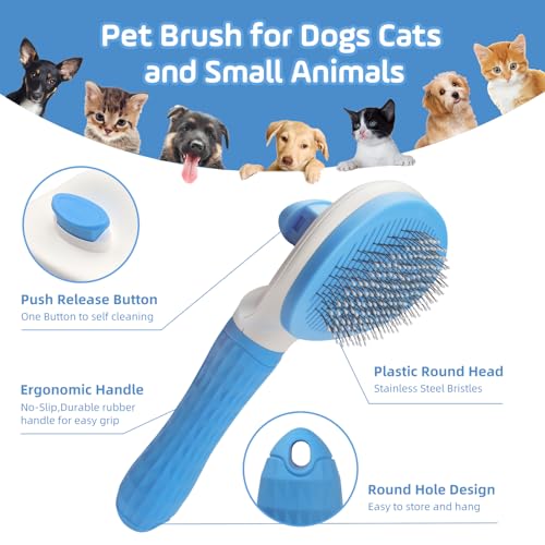Image of Slicker Dog Brush for Shedding,Self Cleaning Cat Brush,Skin Friendly Cat Brushes for Indoor Cats Massage Grooming,Dog Deshedding Brush for Long&Short Haired Dogs Loose Fur Hair Removal Blue
