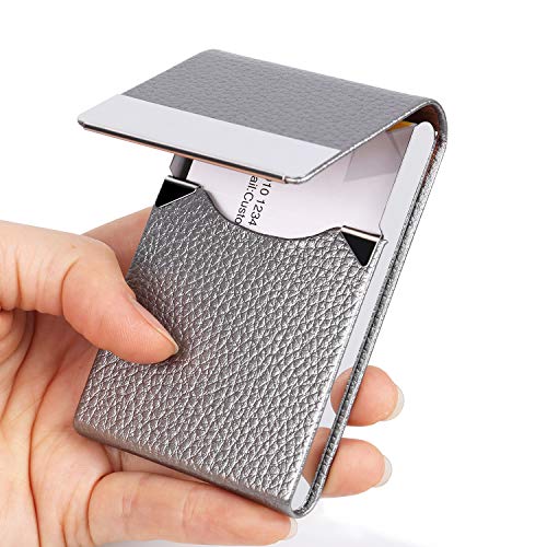 Preisvergleich Produktbild JuneLsy Visitenkartenhalter Professionelles PU-Leder Visitenkartenetui Metall Visitenkartenhalter Tasche für Männer & Frauen mit magnetischem Verschluss (D-Grau)