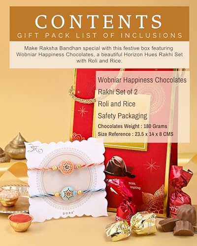 Image of Hyperfoods Rakhi Set for Brother Wobniar Happiness Chocolates Gift Pack 180 Gram Horizon Hues Set of 2 with Roli & Rice Rakhi with Chocolates