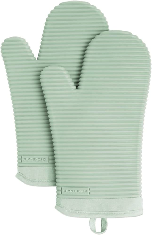 KitchenAid Ribbed Soft Silicone Oven Mitt Set, Pistachio, 7.5"x13", 2 Count
