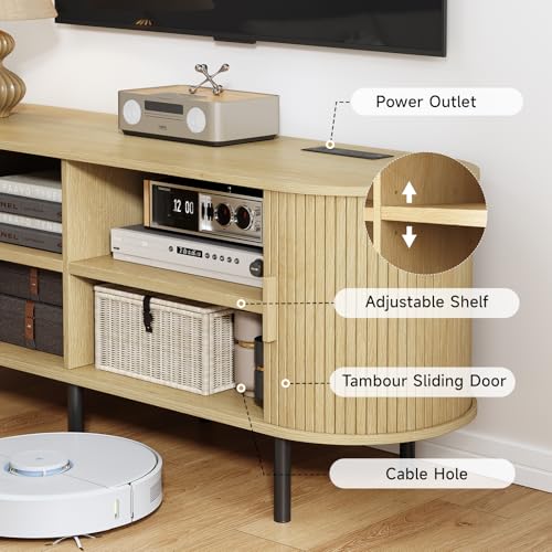 Image of 86.6 inch TV Stand with Power Outlet, Mid-Century Modern Television Stand, Fluted Media Console with Sliding Doors, Entertainment Center for TVs up to 90 Inch, Adjustable Shelves, Oak