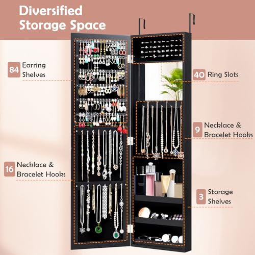 HAPPYGRILL Wall Mounted Jewelry Cabinet with Full Length Mirror, Over The Door Jewelry Organizer w/Built-in Makeup Mirror, Storage Shelves, Door Mounted Jewelry Armoire for Women, Girls (Black)