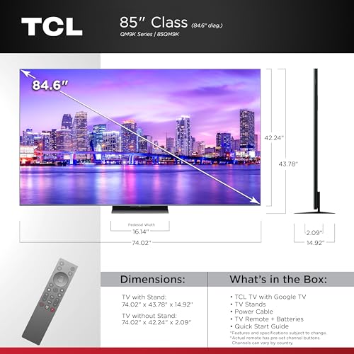 Image of TCL 85 Inch Class QM9K Series | Mini LED QLED 4K | 85QM9K, Model | 144HZ Peak Brightness & Contrast Dolby Vision | Up to LD6K Precise Dimming | AI Smart Google TV | Dolby Atmos Bang & Olufsen
